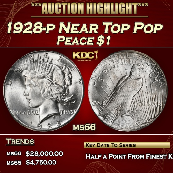 1928-p Peace Dollar Near Top Pop $1 ms66 SEGS