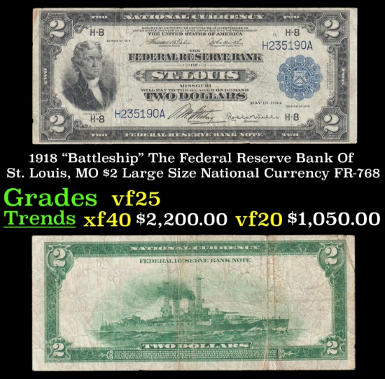 1918 $2 Large Size National Currency "Battleship" The Federal Reserve Bank Of St. Louis, MO Grades v