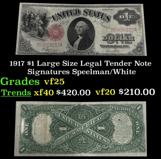 1917 $1 Large Size Legal Tender Note Grades vf+ Signatures Speelman/White