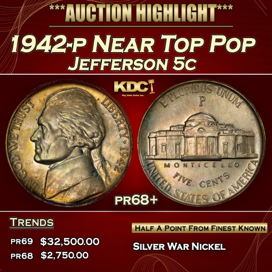 1942-p Proof Jefferson Nickel Near Top Pop 5c pr68+ SEGS