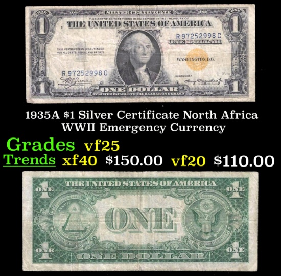 1935A $1 Silver Certificate North Africa WWII Emergency Currency Grades vf+