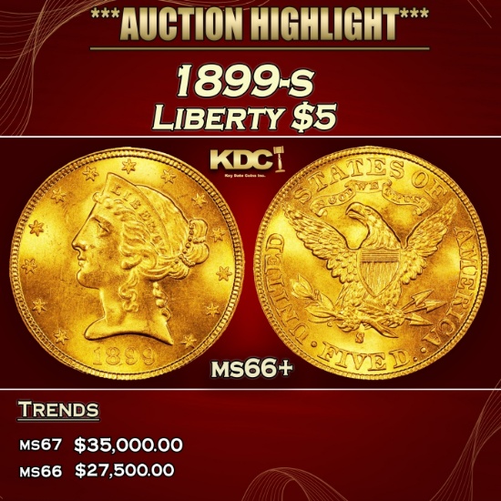 1899-s Gold Liberty Half Eagle $5 ms66+ SEGS