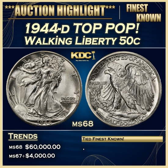 1944-d Walking Liberty Half Dollar TOP POP! 50c ms68 SEGS