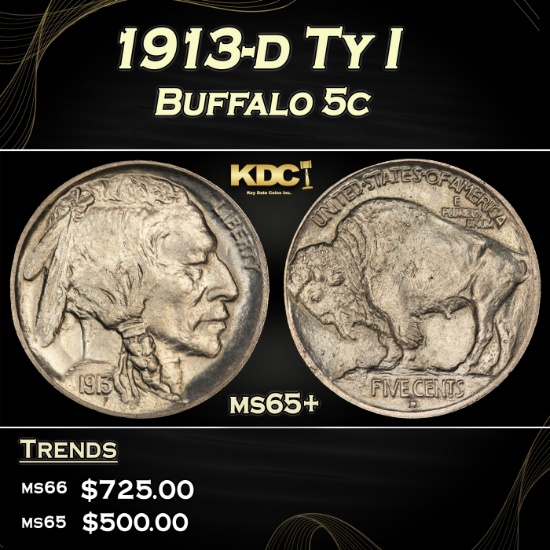1913-d Ty I Buffalo Nickel 5c Grades ms65+