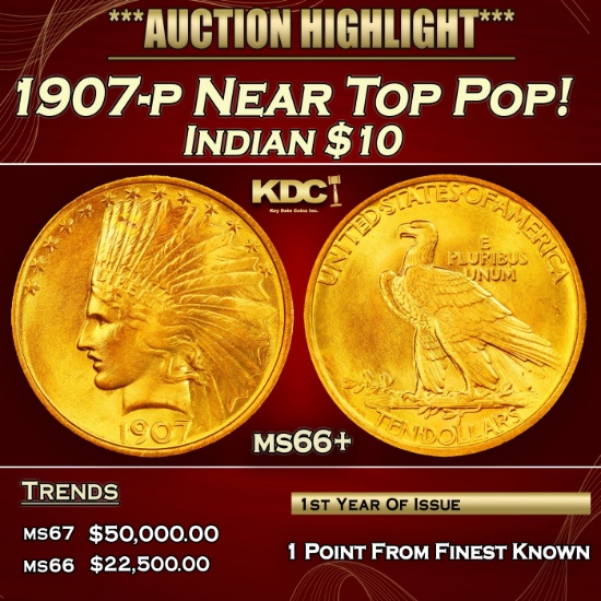 1907-p Gold Indian Eagle Near Top Pop! $10 ms66+ SEGS