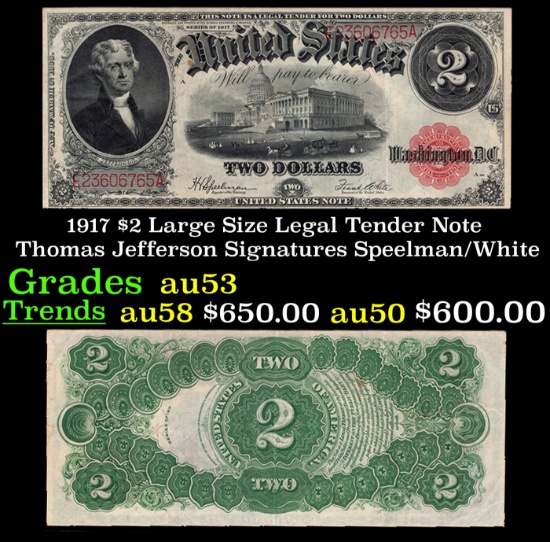 1917 $2 Large Size Legal Tender Note Thomas Jefferson Grades Select AU Signatures Speelman/White