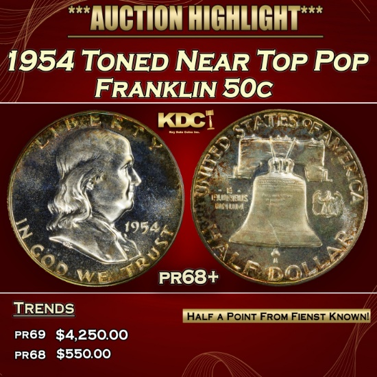 1954 Proof Franklin Half Dollar Toned Near Top Pop 50c pr68+ SEGS