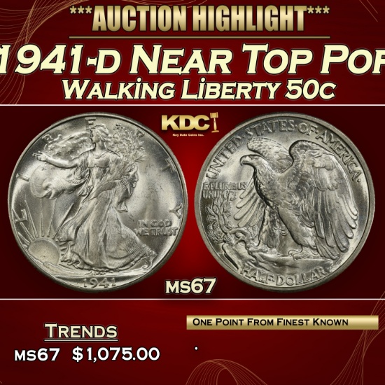 1941-d Walking Liberty Half Dollar Near Top Pop 50c ms67 SEGS