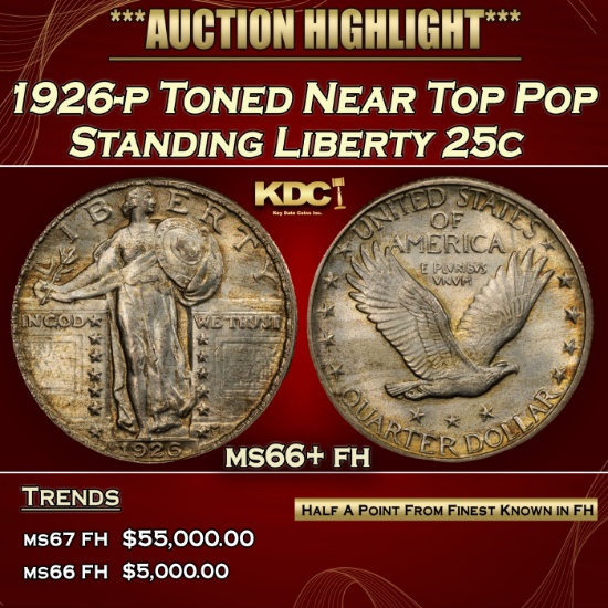 1926-p Standing Liberty Quarter Toned Near Top Pop 25c ms66+ fh SEGS