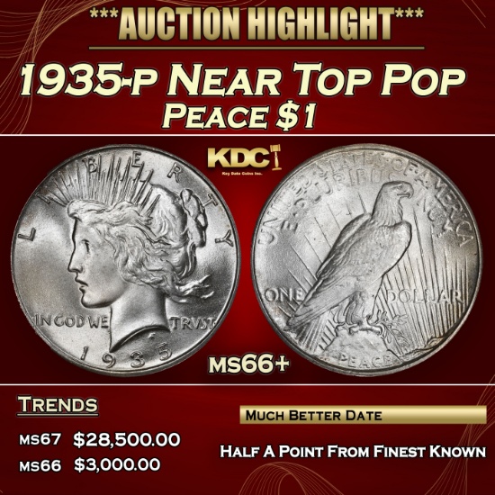 1935-p Peace Dollar Near Top Pop $1 ms66+ SEGS