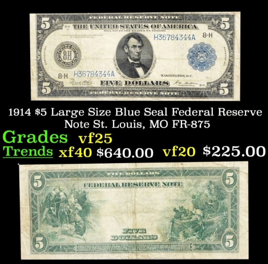 1914 $5 Large Size Blue Seal Federal Reserve Note St. Louis, MO Grades vf+ FR-875