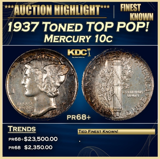 1937 Proof Mercury Dime Toned TOP POP! 10c pr68+ SEGS