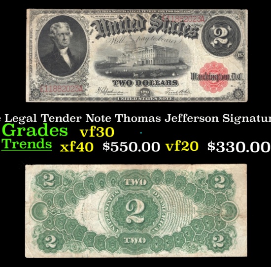 1917 $2 Large Size Legal Tender Note Thomas Jefferson Grades vf++ Signatures Speelman/White