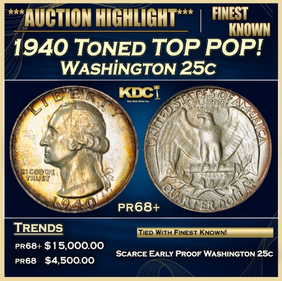 1940 Proof Washington Quarter Toned TOP POP! 25c pr68+ SEGS