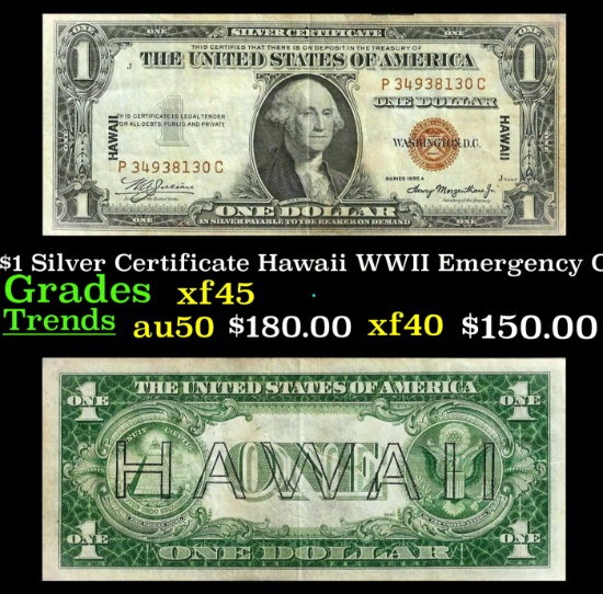 1935A $1 Silver Certificate Hawaii WWII Emergency Currency Grades xf+