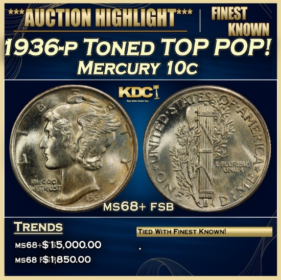 1936-p Mercury Dime Toned TOP POP! 10c ms68+ fsb SEGS