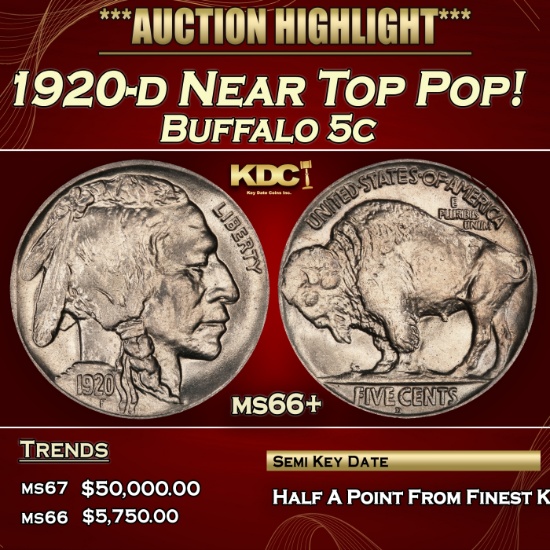 1920-d Buffalo Nickel Near Top Pop! 5c ms66+ SEGS