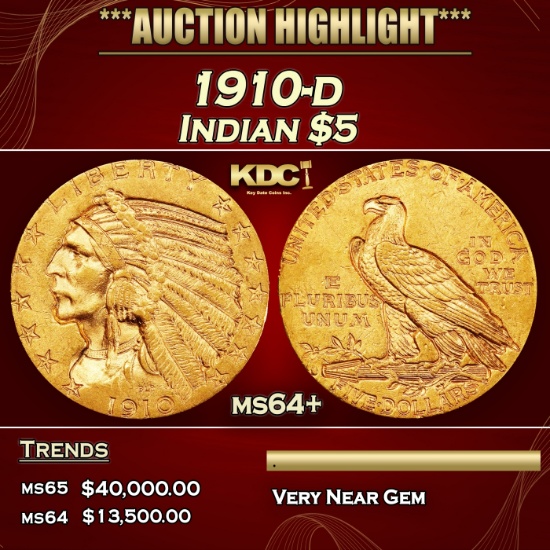 1910-d Gold Indian Half Eagle $5 ms64+ USCG