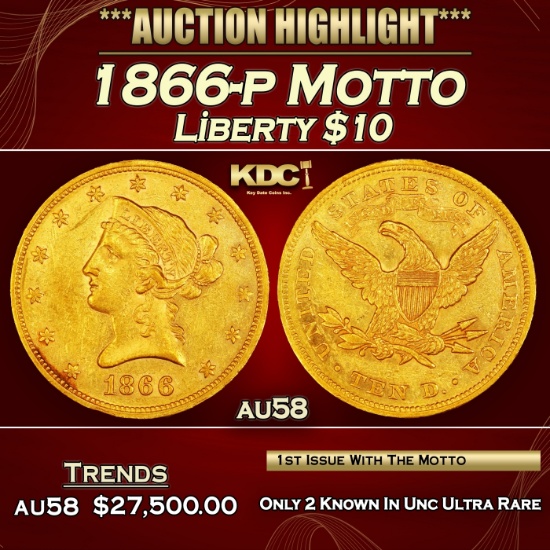 1866-p Motto Gold Liberty Eagle $10 au58 SEGS