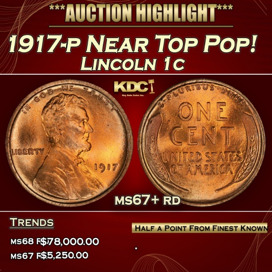 1917-p Lincoln Cent Near Top Pop! 1c ms67+ rd SEGS