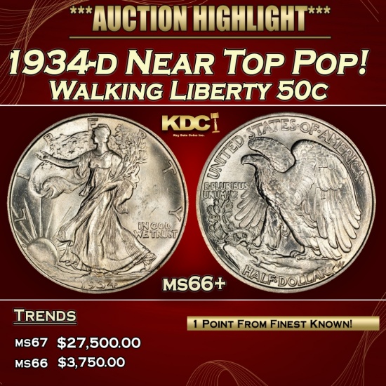 1934-d Walking Liberty Half Dollar Near Top Pop! 50c ms66+ SEGS