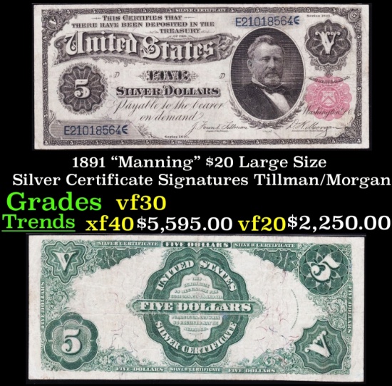 1891 $20 Large Silze Silver Certificate "Manning" Grades vf++ Signatures Tillman/Morgan