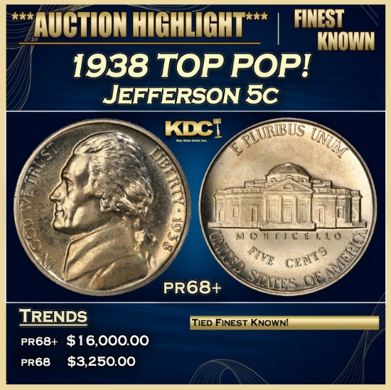 1938 Proof Jefferson Nickel TOP POP! 5c pr68+ SEGS