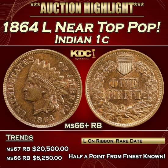 1864 L Indian Cent Near Top Pop! 1c ms66+ RB SEGS