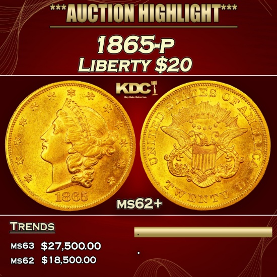 1865-p Gold Liberty Double Eagle $20 ms62+ SEGS