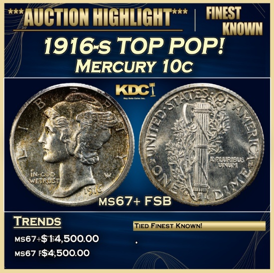 1916-s Mercury Dime TOP POP! 10c ms67+ FSB SEGS