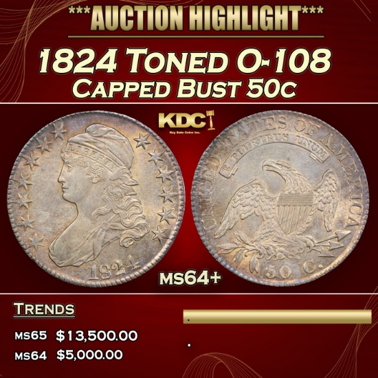 1824 Capped Bust Half Dollar Toned O-108 50c ms64+ SEGS