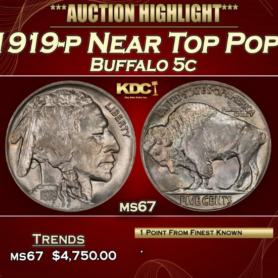 1919-p Buffalo Nickel Near Top Pop! 5c ms67 SEGS