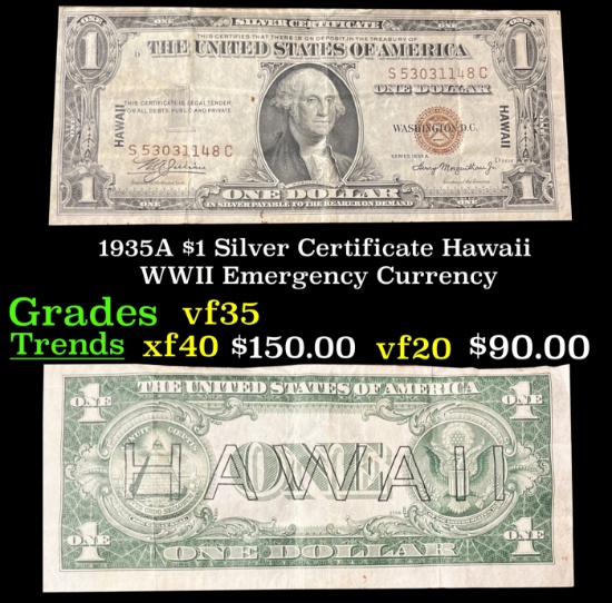 1935A $1 Silver Certificate Hawaii WWII Emergency Currency Grades vf++