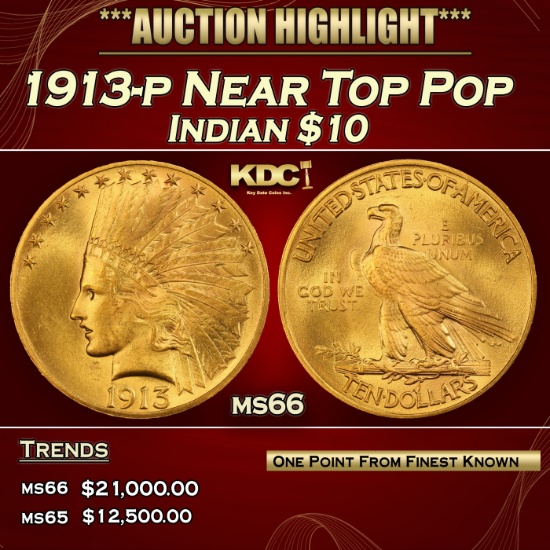 1913-p Gold Indian Eagle Near Top Pop $10 ms66 SEGS
