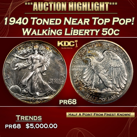 1940 Proof Walking Liberty Half Dollar Toned Near Top Pop! 50c pr68 SEGS