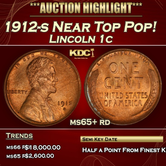 1912-s Lincoln Cent Near Top Pop! 1c ms65+ rd SEGS