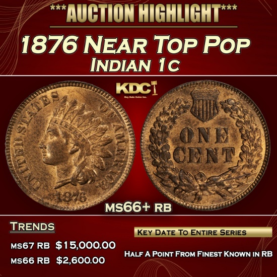 1876 Indian Cent Near Top Pop 1c ms66+ rb SEGS