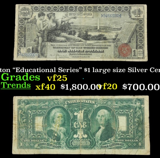 1896 $1 large size Silver Certificate Martha & George Washington "Educational Series" Grades vf+ Sig
