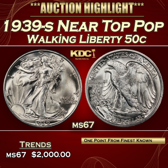 1939-s Walking Liberty Half Dollar Near Top Pop 50c ms67 SEGS