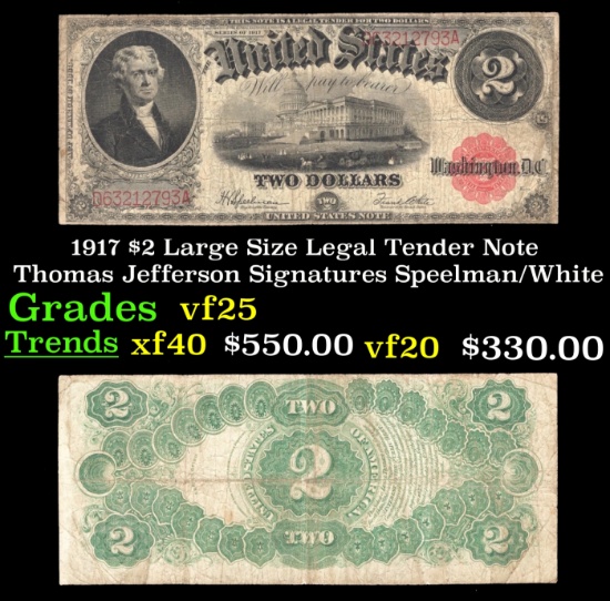 1917 $2 Large Size Legal Tender Note Thomas Jefferson Grades vf+ Signatures Speelman/White