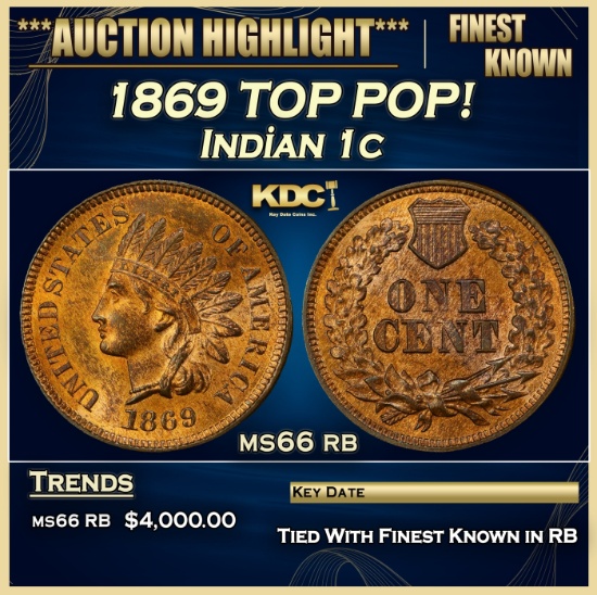 1869 Indian Cent TOP POP! 1c ms66 rb SEGS