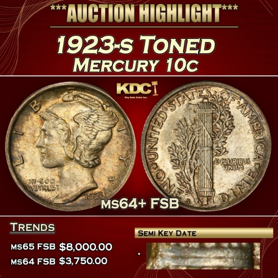 1923-s Mercury Dime Toned 10c ms64+ FSB SEGS