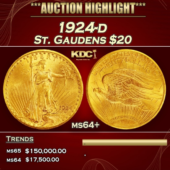 1924-d Gold St. Gaudens Double Eagle $20 ms64+ SEGS