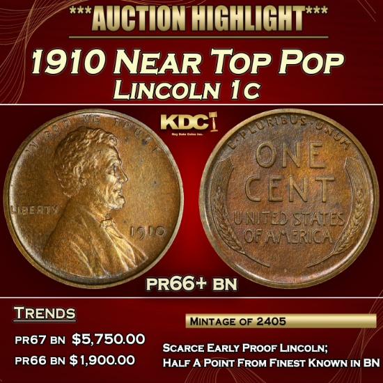 1910 Proof Lincoln Cent Near Top Pop 1c pr66+ bn SEGS