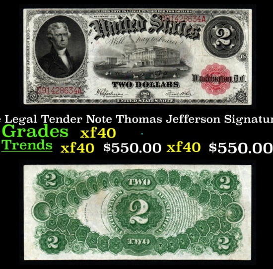 1917 $2 Large Size Legal Tender Note Thomas Jefferson Grades xf Signatures Speelman/White
