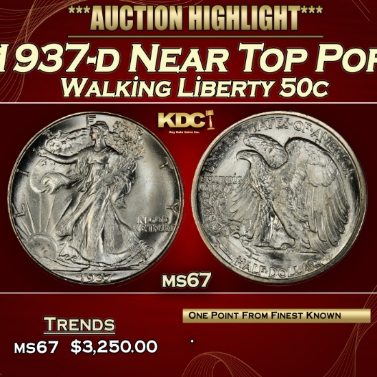 1937-d Walking Liberty Half Dollar Near Top Pop 50c ms67 SEGS