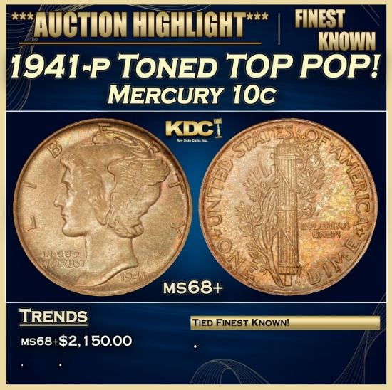 1941-p Mercury Dime Toned TOP POP! 10c ms68+ SEGS