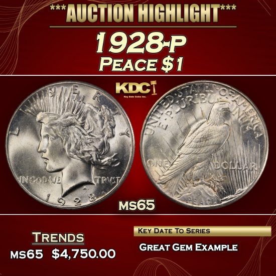 1928-p Peace Dollar $1 ms65 SEGS