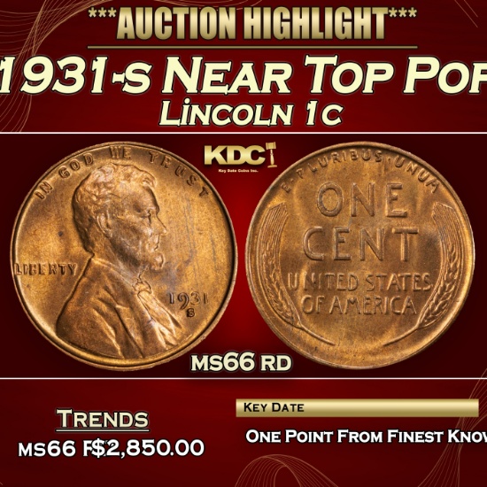 1931-s Lincoln Cent Near Top Pop 1c ms66 rd SEGS