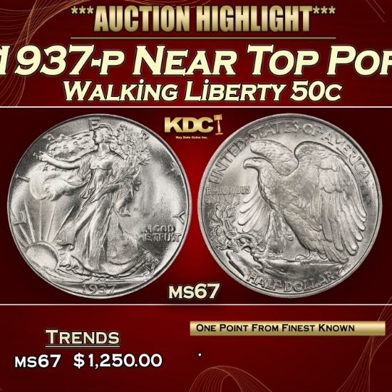 1937-p Walking Liberty Half Dollar Near Top Pop 50c ms67 SEGS